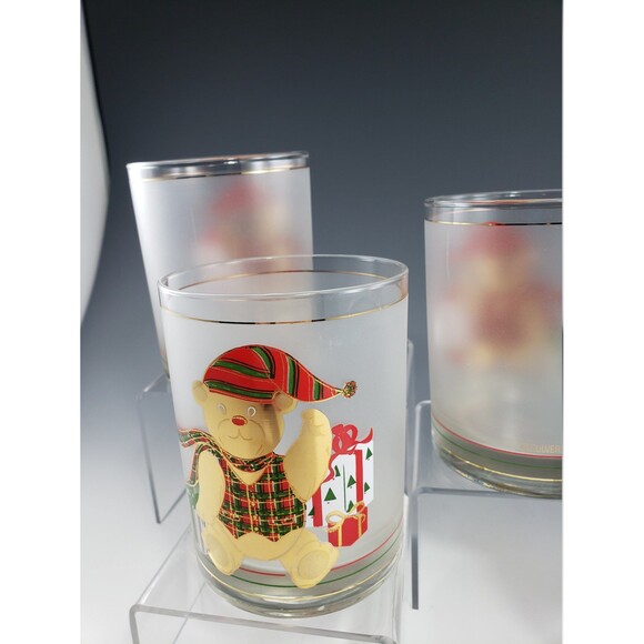 Culver Christmas Bear Whisky Glasses Set 2 Teddy 22K Gold Lowball Barware VTG - Picture 9 of 9